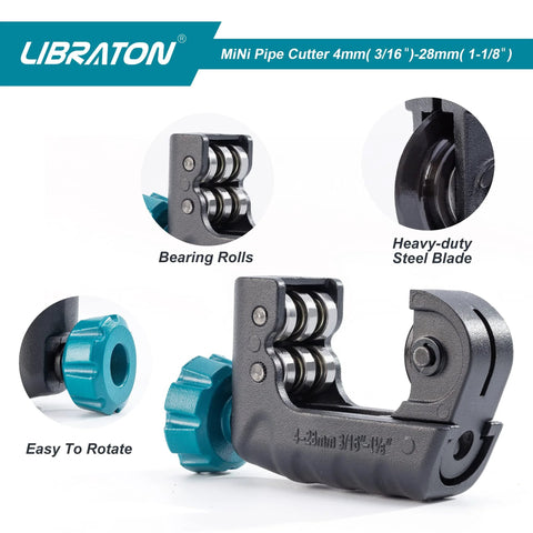 Front view of Libraton mini pipe cutter with teal knob, metal body and bearing rollers for copper/aluminum pipes