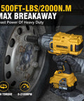 Heavy Duty Cordless Impact Wrench With Half Inch Drive Delivers A Badass 1500 Ft Lbs Of Breakaway Torque applied to a lug nut.