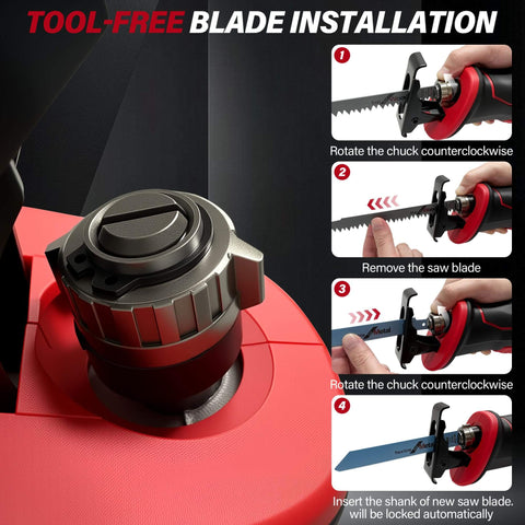 Cordless Reciprocating Saw With Brushless Motor 0-3500 RPM Tools Free Blade Install close-up of blade installation steps.