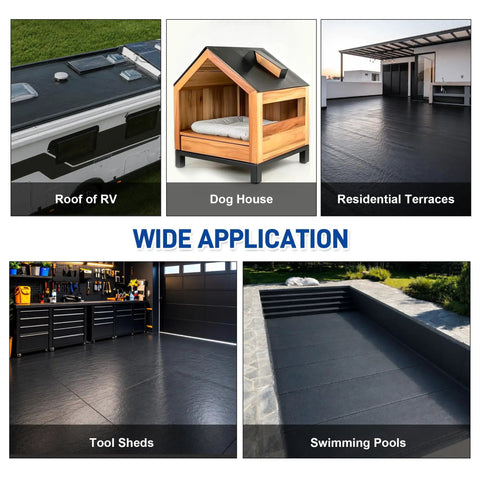 Rock Solid Heavy Duty EPDM Rubber Roofing Roll Featuring Butyl Self Adhesive Foolproof Peel And Install Design For Flat Or Camper Roofs 51 Mil Thick Flexible Waterproof Tight As A Drum Seal 39X33 used on RV, dog house, terraces, tool sheds, and swimming pools.