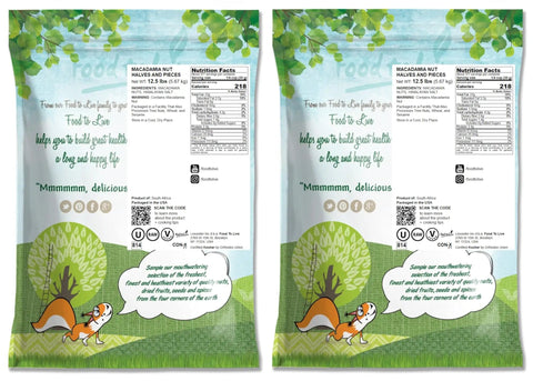 Macadamia Nut Halves And Pieces Bulk 25 Pounds Raw Unsalted Shelled Kosher Vegan bag with squirrel design