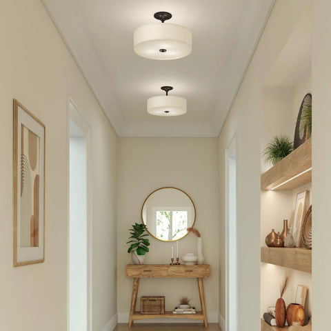 Graphite Three Light Semi Flush Ceiling Mount Fixture From Inspire Collection in hallway with modern decor and clean lines.
