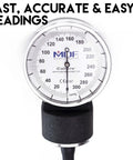 Calibra Aneroid Premium Sphygmomanometer For Pro Clinics And Home Use With Prograde Build Easy Read White Dial Black Adult Cuff Durable Carrying Case Latex Free Lifetime Calibration Portable Blood Pressure Monitor close-up dial