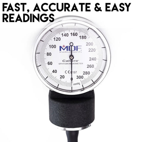 Calibra Aneroid Premium Sphygmomanometer For Pro Clinics And Home Use With Prograde Build Easy Read White Dial Black Adult Cuff Durable Carrying Case Latex Free Lifetime Calibration Portable Blood Pressure Monitor close-up dial