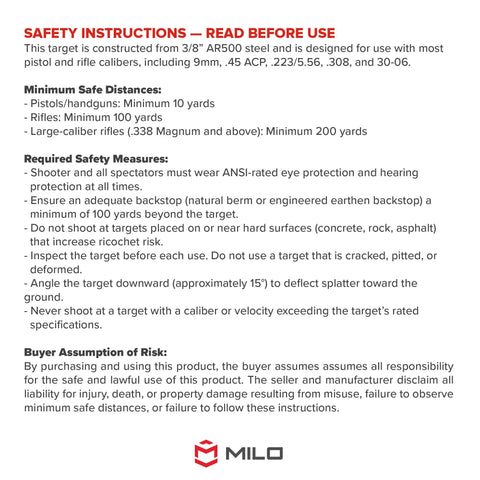 Safety instructions for Three Eighths Inch AR500 Steel Gong Targets Set For Rifle And Pistol Five Piece Hanging Reactive Plates