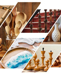 Collage of wooden items including spoons, bowls, chess pieces, vases, and stair balusters, highlighting craftsmanship and design.