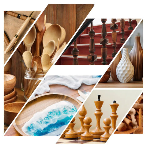 Collage of wooden items including spoons, bowls, chess pieces, vases, and stair balusters, highlighting craftsmanship and design.