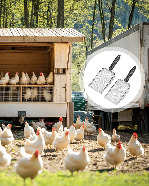 2 Pack Heavy Duty Chicken Poop Scooper With Dual 3.8mm And 5mm Mesh Sizes, Metal coop rake and scoop tool by chicken coop