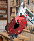 Pro Grade Router Templates And Jigs For Woodworking With Edge Guide And Corner Radius Templates For Routers R10 Through R50 In Aluminum Alloy Set For Precision Routing shown with caliper in workshop