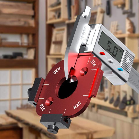 Pro Grade Router Templates And Jigs For Woodworking With Edge Guide And Corner Radius Templates For Routers R10 Through R50 In Aluminum Alloy Set For Precision Routing shown with caliper in workshop