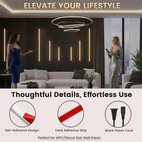 9-Lights LED Recessed Lighting Wall Panel Lights, Self-Adhesive Wood Slat Wall Panel Strip Light in stylish living room space.