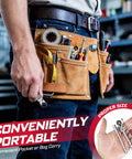 Person holding 60 Piece Pivoting Flex Head T-Handle Ratchet Wrench Set With 72-Tooth Reversible Ratchet, tools in a waist pouch
