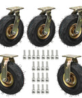 Rock Solid Five Pack Heavy Duty Industrial Caster Wheels With Silent Pneumatic Rubber Tires And Rust Resistant Steel Base, with bolts.