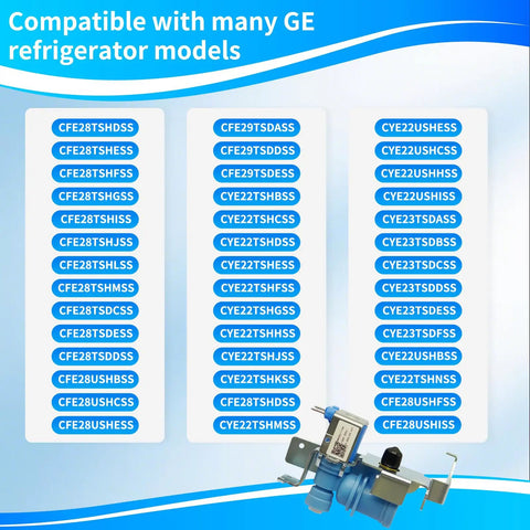 Direct Replacement Refrigerator Water Inlet Valve For GE Refrigerators Ends Ice Maker Headaches And Water Dispenser Issues With Easy Install OEM Equivalent Part shown with model compatibility list