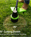 15 inch cutting deck of No Wiring Worries 24v Cordless String Trimmer Equipped With Brushless Motor and Fifteen Inch Wide Cutting Deck.