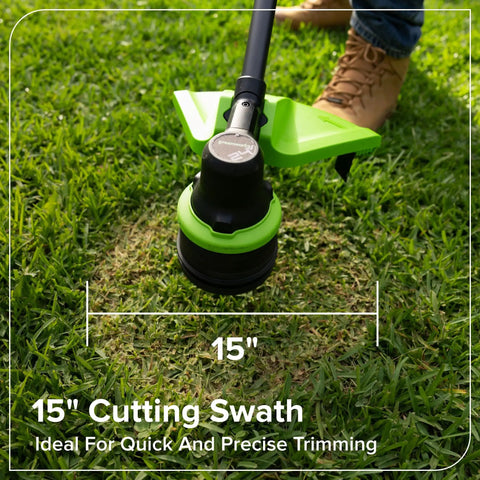 15 inch cutting deck of No Wiring Worries 24v Cordless String Trimmer Equipped With Brushless Motor and Fifteen Inch Wide Cutting Deck.