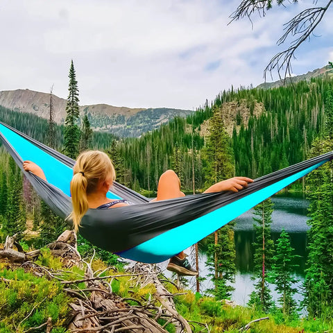 Two Person Double Camping Hammock With Lightweight Parachute Nylon 210T Includes Tree Straps And Carabiners Portable Travel Hammock