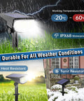 40 LED Solar Outdoor Spot Lights showcasing durability in rain and snow, waterproof design, for yard and driveway illumination.
