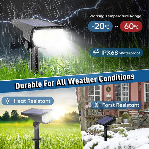 40 LED Solar Outdoor Spot Lights showcasing durability in rain and snow, waterproof design, for yard and driveway illumination.