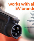 Level 2 Plus 48 Amp EV Charger With Quick Charge plug showing compatibility with all EV brands, Tesla adapter sold separately.