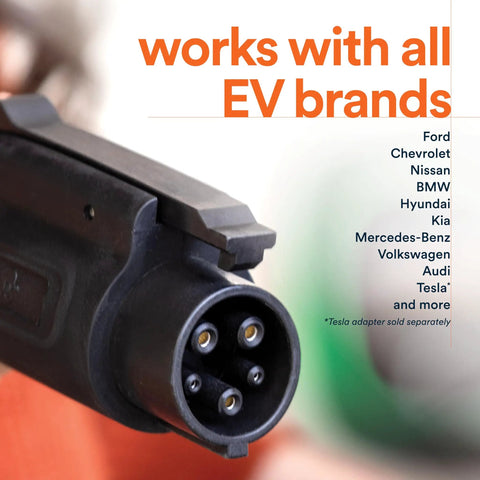 Level 2 Plus 48 Amp EV Charger With Quick Charge plug showing compatibility with all EV brands, Tesla adapter sold separately.