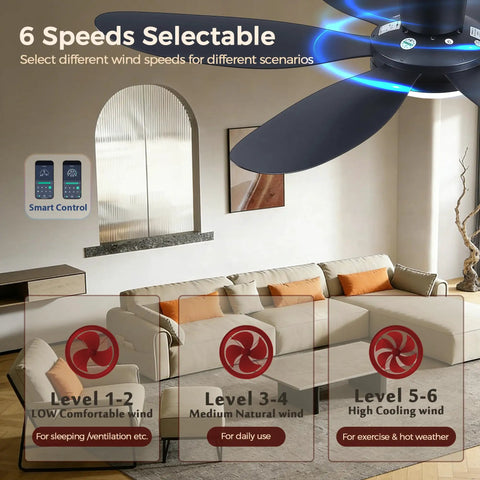 Low Profile 42 Inch Ceiling Fan With Lights And Remote Control Quiet Noiseless Dimmable Flush Mount Black For Bedroom And Small Living Spaces Easy Install, shown in modern living room with 6-speed settings