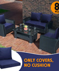 Eight Piece Outdoor Cushion Covers Set With Zippers UV And Water Resistant Dark Blue Patio Slipcovers For Back Cushions 24x21.3 Inches And Seat Cushions 24x24x4.7 Inches Includes Four Back Covers And Four Seat Covers