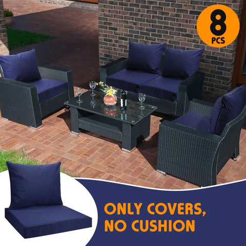Eight Piece Outdoor Cushion Covers Set With Zippers UV And Water Resistant Dark Blue Patio Slipcovers For Back Cushions 24x21.3 Inches And Seat Cushions 24x24x4.7 Inches Includes Four Back Covers And Four Seat Covers