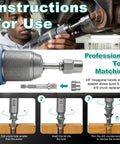 Beast 19 Piece Bolt And Screw Extractor Set in use, showing drill bit in metal drill for rusted screws, tool adapter included.