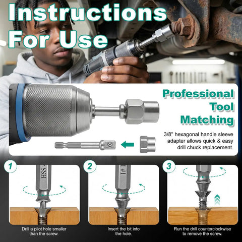 Beast 19 Piece Bolt And Screw Extractor Set in use, showing drill bit in metal drill for rusted screws, tool adapter included.