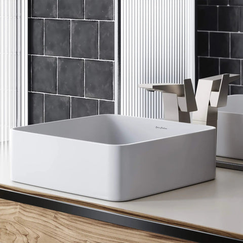 Ceramic Square Vessel Sink For Above Counter Install No Fuss Scratch Resistant Non Porous Finish Easy Clean Polished White
