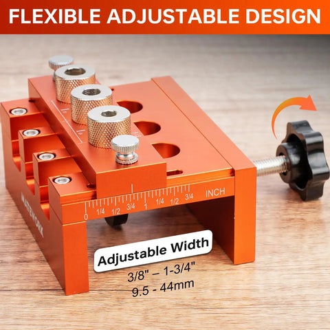 Pro Grade Adjustable Width Dowel Jig For Woodworking With Imperial Scale Centers, adjustable from 3/8 to 1-3/4 inches