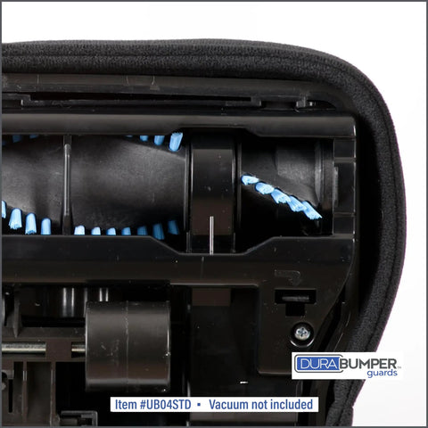 Close-up of Beefed Up Heavy Duty Bumper Guard for Sanitaire Tradition upright vacuum, showing Velcro mount and protective material.