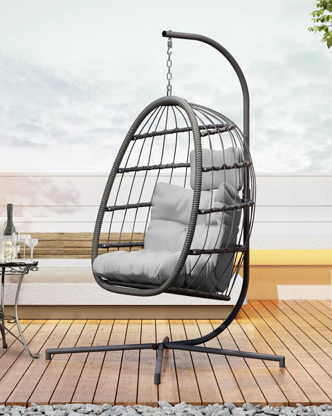Egg Swing Chair With Stand For Outdoor Or Indoor Use, Hanging Chair With Cushioned Seat And Headrest In Light Gray