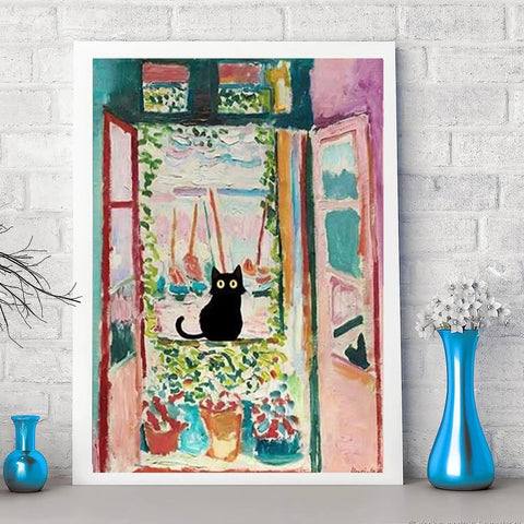 5D Diamond Painting Kit Set For Beginners With Four Pieces Round Diamond Art Projects Black Cat Theme Matisse Van Gogh Inspired Home Decor For Living Room Or Bedroom 11.8 By 15.7 Inches canvas artwork on a mantel with vases