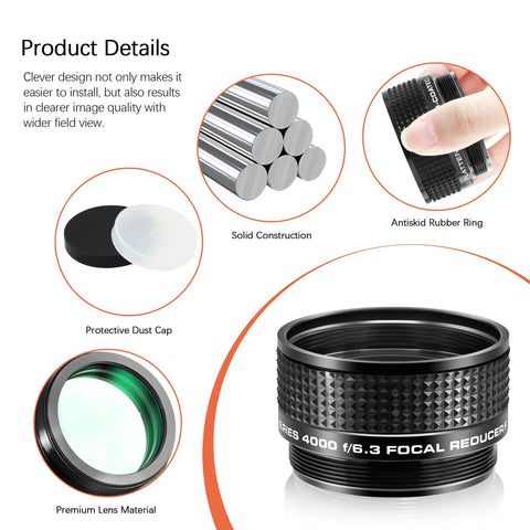 Detailed view of Focal Reducer F6.3 For SCT Telescopes, 37 Percent Focal Length Reduction, highlighting construction and features.