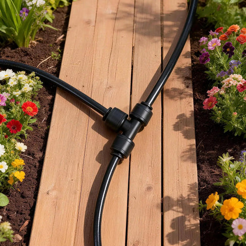 Installed 35 Pack 1/4 Inch Drip Irrigation Tee Fittings Quick Connect Push-To-Fit T Connectors For 1/4 Inch Tubing in garden.