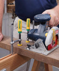 Matchfit Dovetail Clamps DVC 538K2 With X Pad Set used to secure wood on a workbench with a circular saw setup