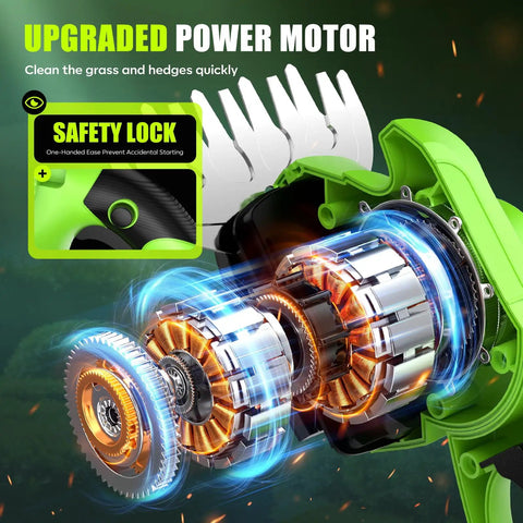 Close-up of upgraded power motor for 2-In-1 600W Cordless Hedge Trimmer And Grass Trimmer 21V Battery Powered Garden Tool