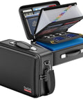 Fireproof Document Box With Lock And Shoulder Strap, hard shell case with accordion folders, open showing sections for documents.