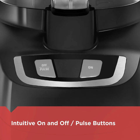 Close-up of intuitive on and off pulse buttons on 8 Cup Food Processor With Pusher And Food Chute, Big Work Bowl For Easy Slicing