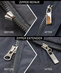 4 Pack Heavy Duty Zipper Pulls Replacement Clips Clip On Tabs Silver For Jackets Coats Luggage Suitcases Backpacks Boots And More Grab And Go Easy Install Zipper Puller Parts, shown in before and after installation, on black fabric clothing.