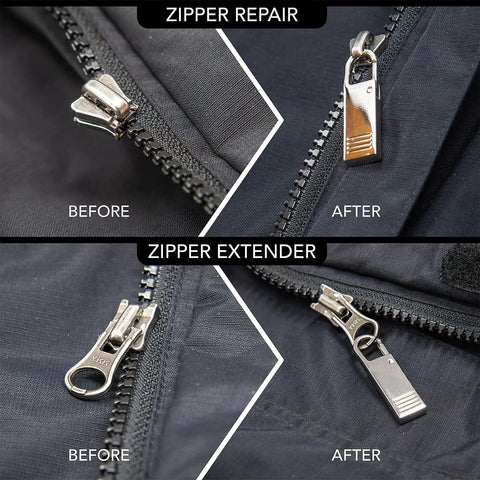 4 Pack Heavy Duty Zipper Pulls Replacement Clips Clip On Tabs Silver For Jackets Coats Luggage Suitcases Backpacks Boots And More Grab And Go Easy Install Zipper Puller Parts, shown in before and after installation, on black fabric clothing.