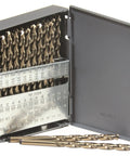 60-Piece M42 Cobalt Drill Bit Set with 135-Degree Split Point in metal case, gold finish, high speed steel, precision ground.