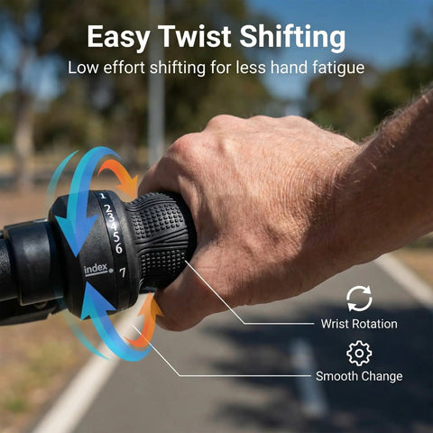 Hand using 21 Speed Twist Shifter Set With Left And Right Revoshift Grips For Mountain And Hybrid Bikes 3x7 Gear System.