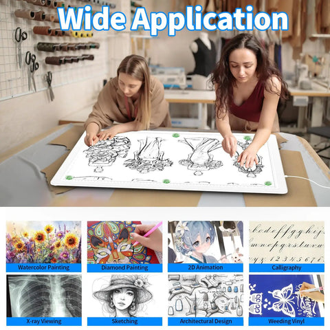 Two women using an A2 Magnetic LED Light Pad for Diamond Painting, Tracing and Sketching, Large 25.2 by 18.4 Inch Light Box.