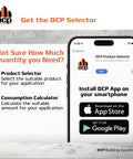 DCP app installation instructions on smartphone screen with download links for App Store and Google Play.