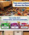 Before and after of toys on floor and organized in 12 Pack Colorful Classroom Caddies With Three Compartments with labels