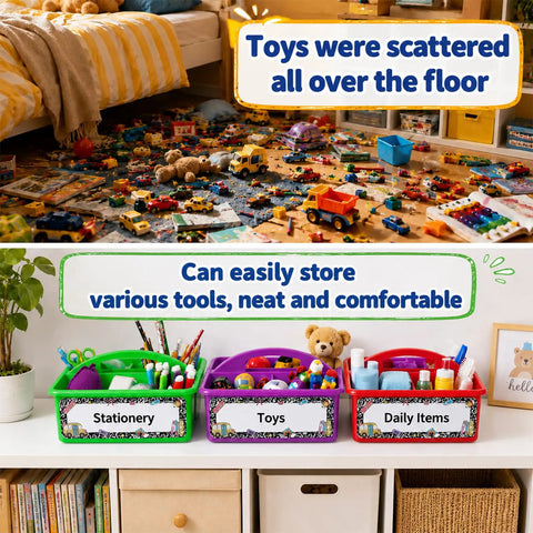 Before and after of toys on floor and organized in 12 Pack Colorful Classroom Caddies With Three Compartments with labels