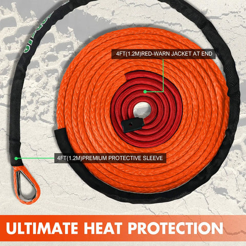 3/8 Inch Synthetic Winch Rope 100 Ft Dyneema Heavy Duty Cable With Protective Sleeve And Forged Hook 23809 Lbs Breaking Strength